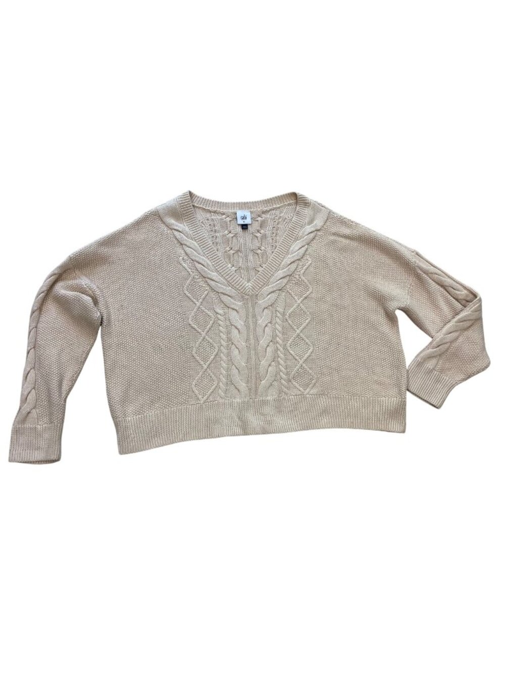 Cabi Cropped Cable Knit Sweater Women's Size XL Relaxed Fit V-Neck Neutral Color